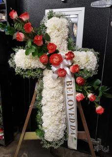 White Cross with Red Rose Accents