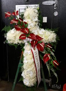 White Cross with Red Anthurium Accents