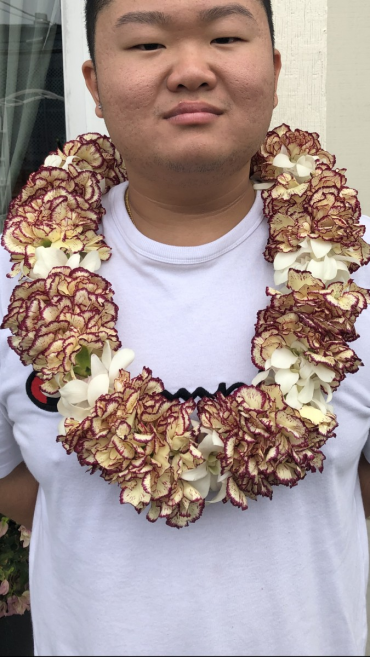 Double Carnation lei with orchids