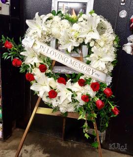 White Heart Wreath with Red Rose Accents