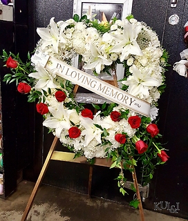 White Heart Wreath with Red Rose Accents