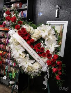 White Sympathy Heart Wreath with Red Accents