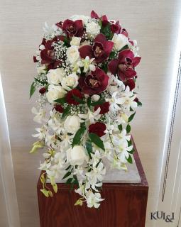 White & Burgundy Cascading Bouquet
