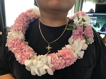 Double Carnation lei with orchids