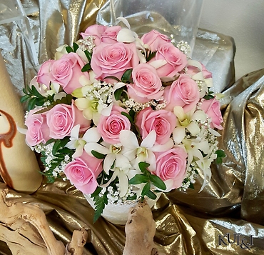 Pink Rose & White Orchid Wedding Bouquet